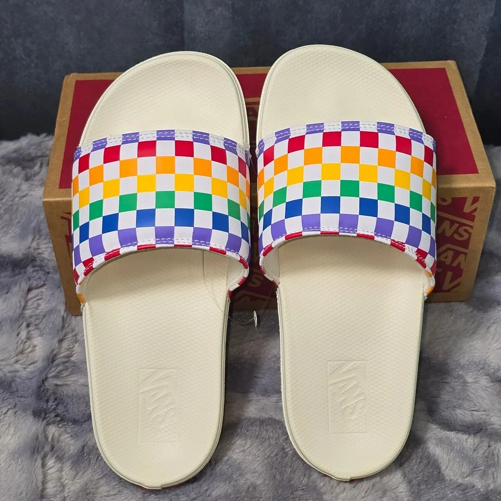 NWB Vans La Costa Slide-On Rainbow Checkerboard‎ Marshmallow Kids Size 6.0